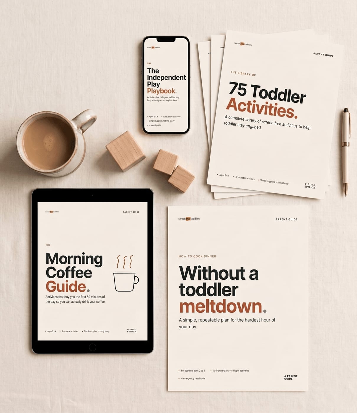 The full Screen Free Toddlers library laid out across a phone, tablet, and printed page.