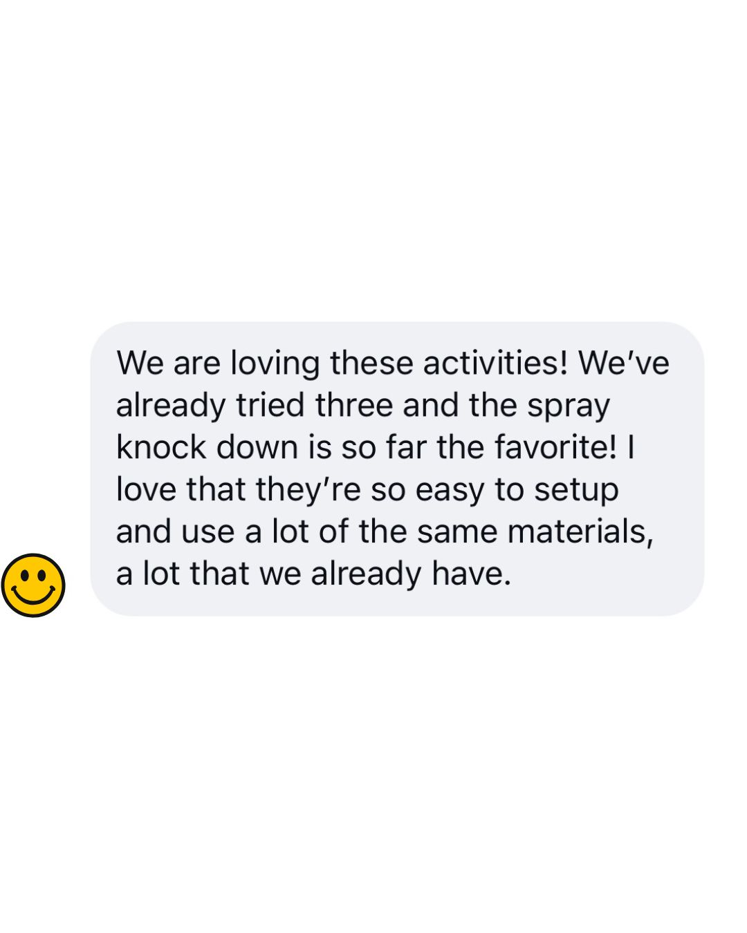 Instagram DM from a mom who used the 75 Activities Guide