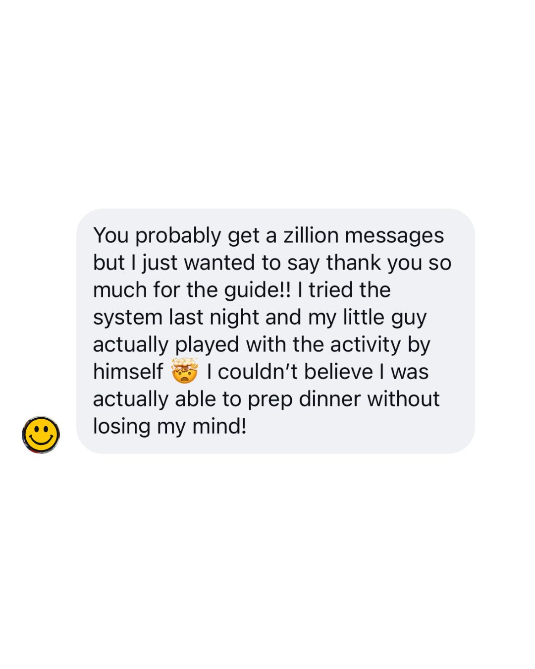 Instagram DM from a mom who used the Independent Play Playbook