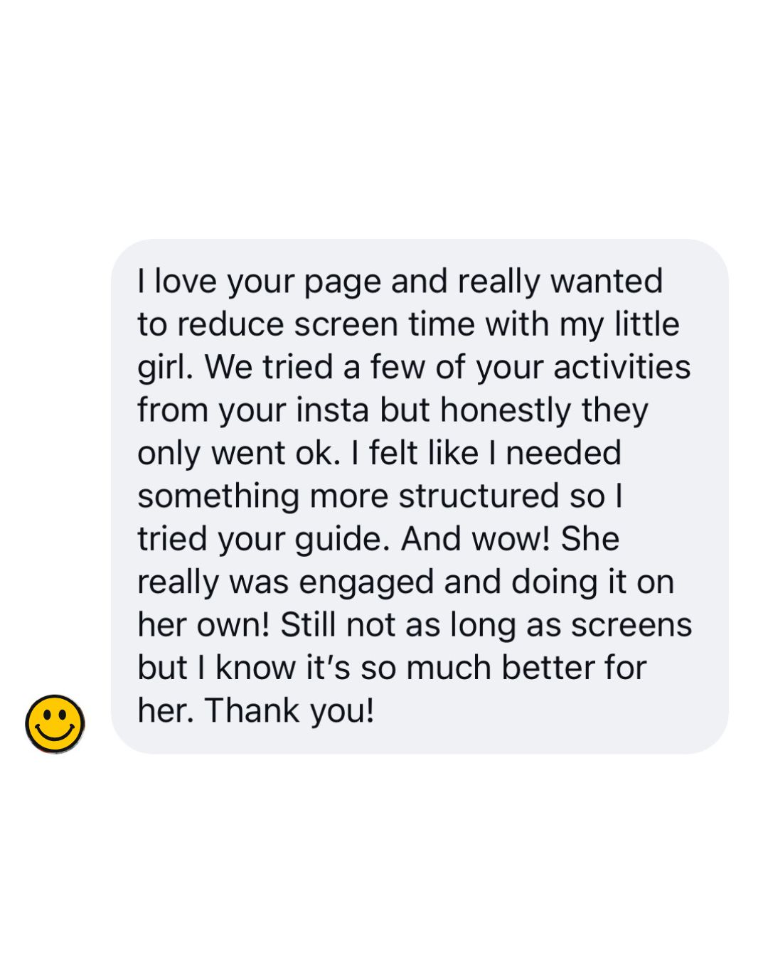 Instagram DM from a Screen Free Toddlers customer